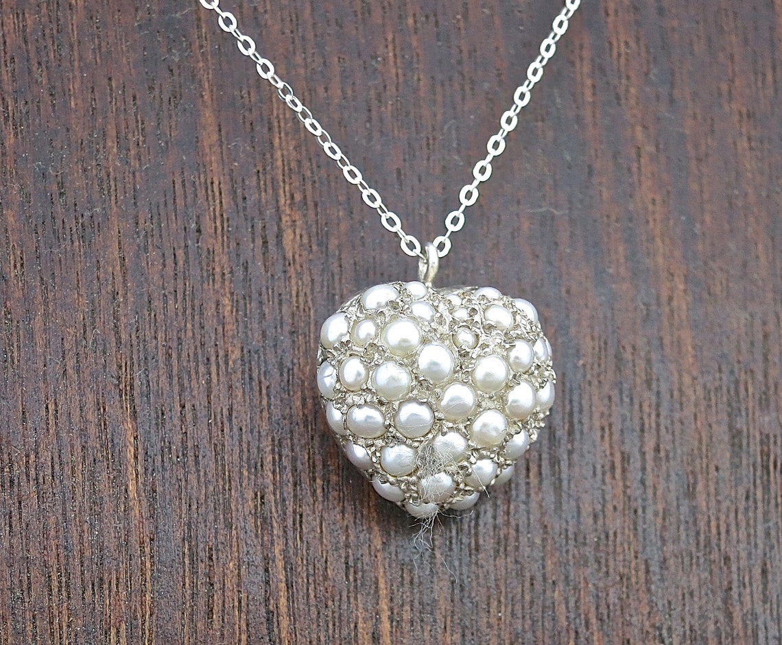 Pearl Heart Necklace Silver Heart Necklace White Pearl Etsy