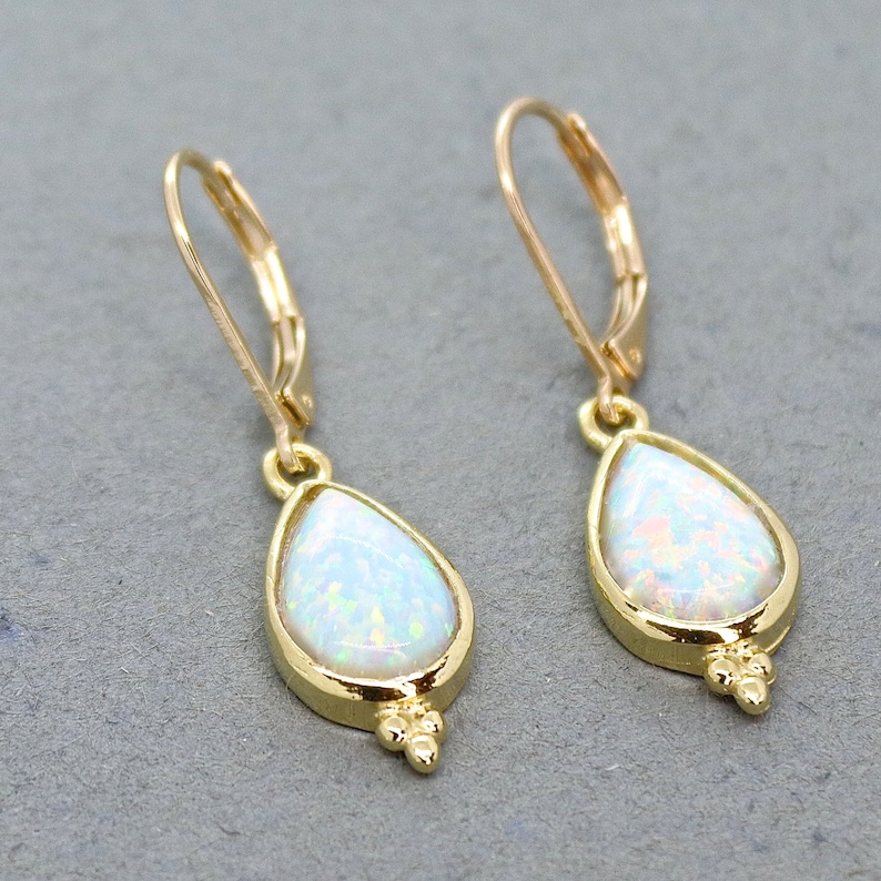 Gold Opal teardrop dangle earrings for woman, Vintage earrings, White opal drop earring image 8