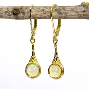 Solid 14k Gold Opal Dangle Earrings, Genuine Opal gold earrings