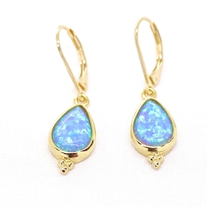 14k gold Opal dangle earrings, Blue Opal teardrop earrings