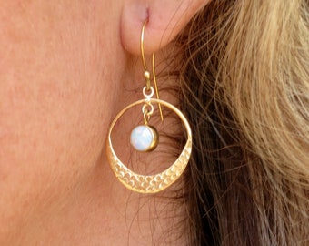 Opal gold dangle Earrings, White Opal earrings, Boho Earrings, Gold Hoop dangle Earrings, Circle Earrings