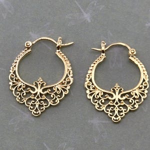 14k Gold filigrane Creolen, viktorianische Ohrringe aus massivem Gold