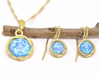 Blue opal gold dangle earrings and necklace pendant, Opal jewelry set