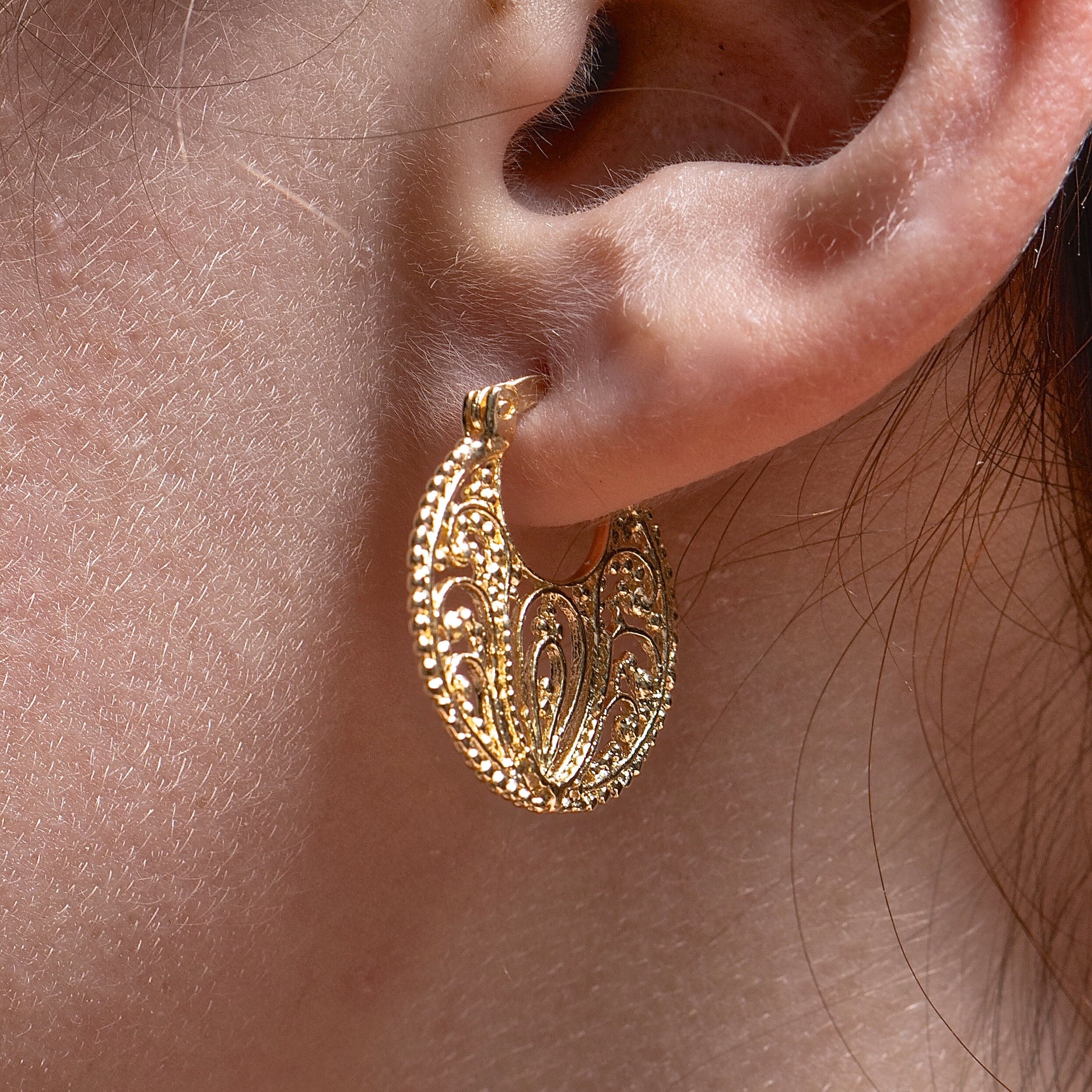 Gold filigree huggie hoop earrings