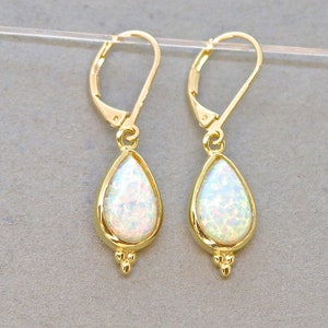 Gold Opal teardrop dangle earrings for woman, Vintage earrings, White opal drop earring image 5