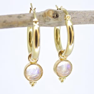 Moonstone solid 14k gold hoop earrings, Stone gold dangle hoop earrings