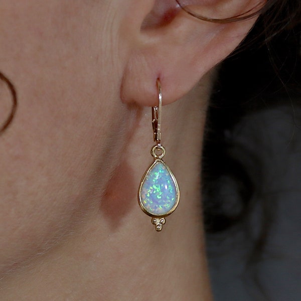 Gouden Opaal traan bungelen oorbellen voor vrouw, Vintage oorbellen, Witte opaal druppel oorbel