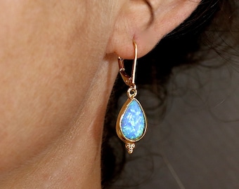 Opal teardrop gold dangle earring for Woman, Blue Opal earring