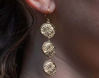 Long gold coin dangle earrings, Triple disk gold earrings
