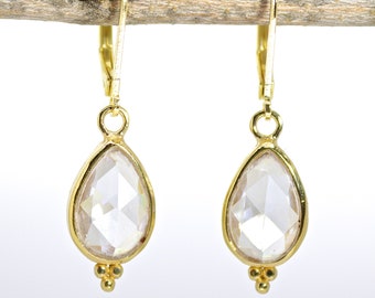 Crystal earrings, Teardrop clear stone gold dangle earrings