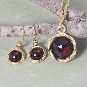 Garnet Jewelry Set: 14k Gold Plated Dangle Earrings and Pendant