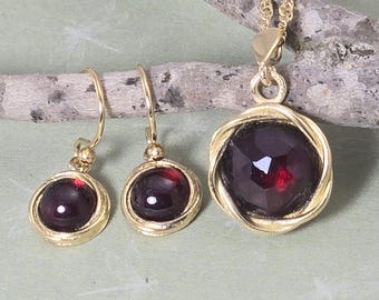 Garnet Jewelry Set: 14k Gold Plated Dangle Earrings and Pendant