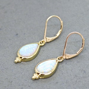 Gold Opal teardrop dangle earrings for woman, Vintage earrings, White opal drop earring image 7
