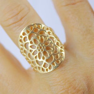 Solid 14K gold long ring, Flower lace gold ring