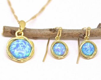Blue opal gold earrings and necklace pendant set