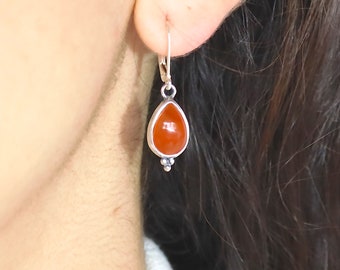 Carnelian earrings, Teardrop Orange stone silver dangle earrings