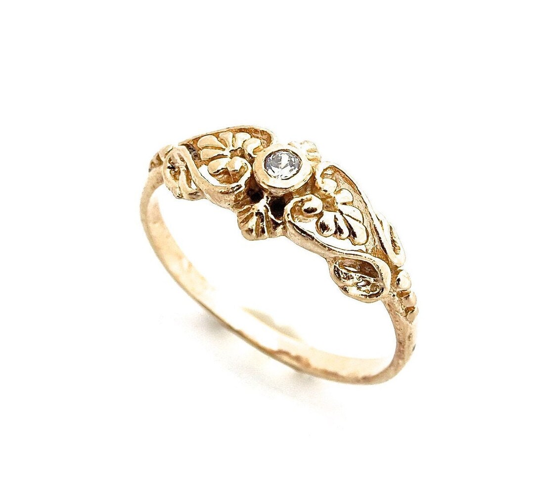Victorian Gold Ring, Solid 14k Gold Ring, Zirconia Gold Ring, Antique