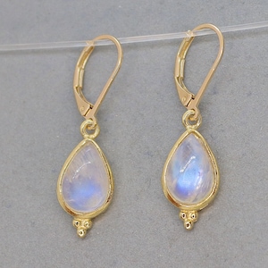 Moonstone gold dangle earring, Teardrop gemstone earrings