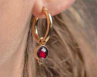 Garnet thick gold dangle hoop earrings