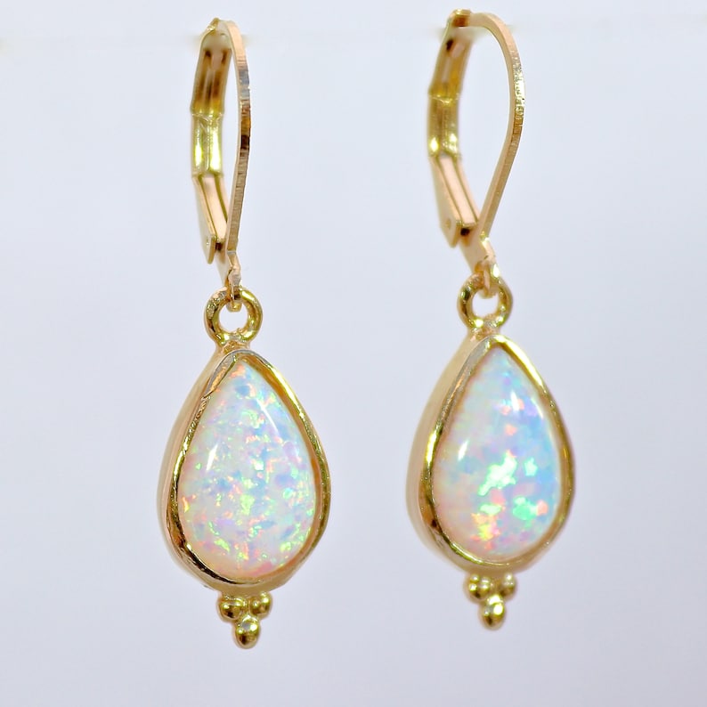 Gold Opal teardrop dangle earrings for woman, Vintage earrings, White opal drop earring image 3