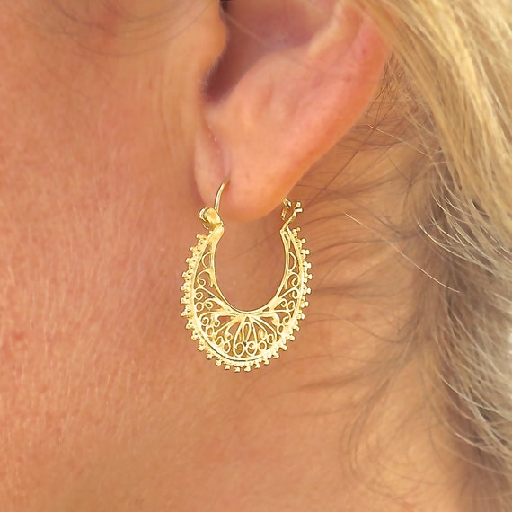 Filigree 14k gold hoop earrings, Solid 14k gold earrings - Etsy 日本 