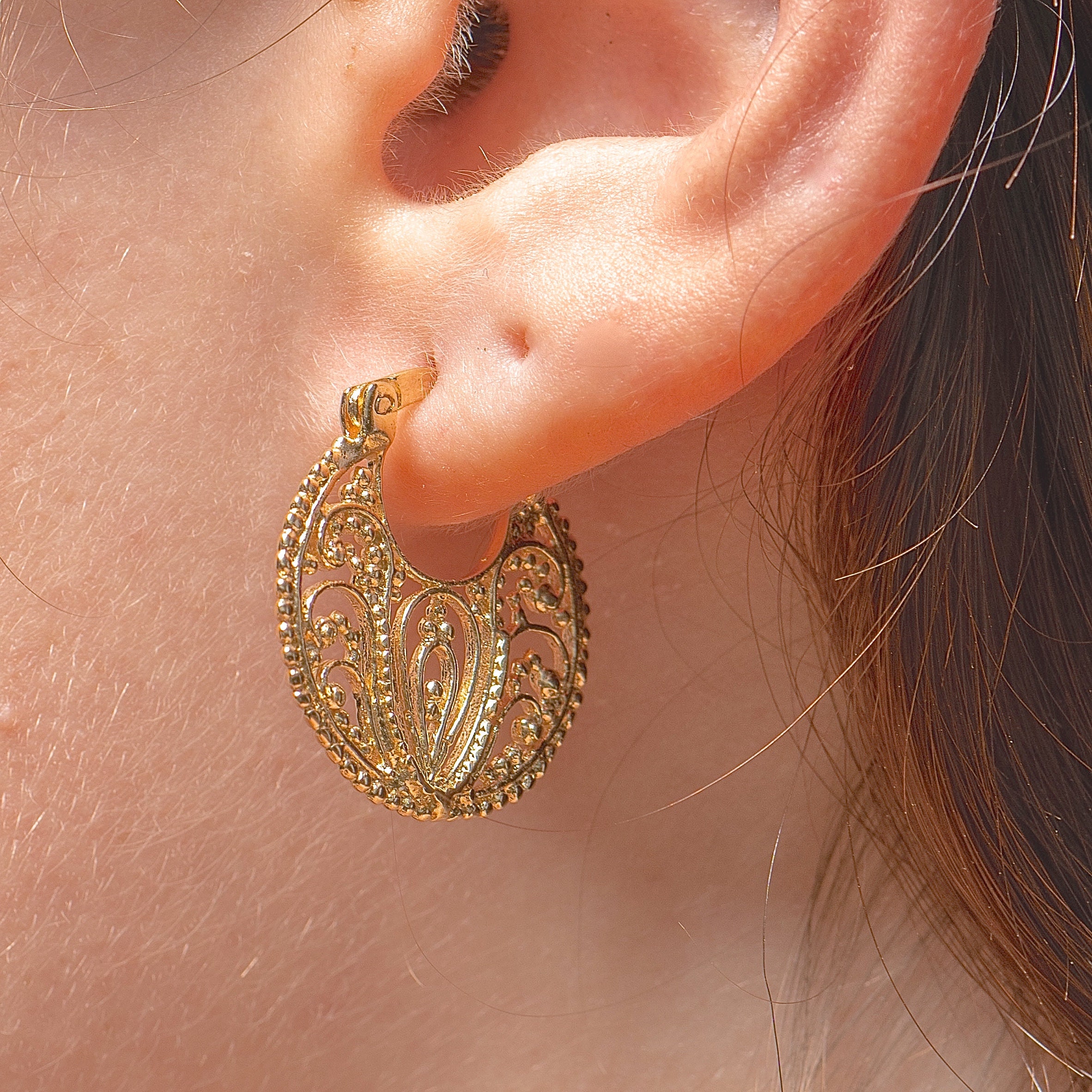 Gold filigree hoop best sale earrings