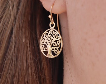 Tree of Life gold dangle earrings for Women, Oval spiral family tree gold earrings