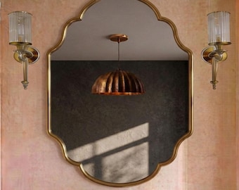 Notched Corner Solid Brass Vanity Mirror, French Provincial Wall Mirror, Wide Vintage Style Bathroom Decor