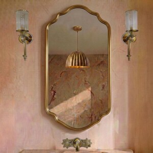 Specchio ad Arco Coronato, Specchio Lavabo Ottone Massiccio, Fascino Parigino, Ottone Antico