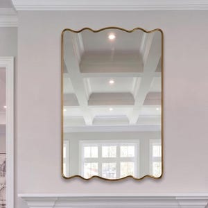 Italian Scalloped Top and Bottom Wall Brass Mirror, Wavy Rectangular Mirror, Elegant Tall Mirror with Curved Ends