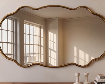 Wavy Horizontal Oval Brass Mirror, French Chic sculptural mirror for Living Room, Dining room or Entryway