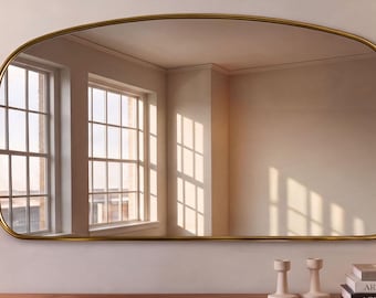 Landscape Arch Solid Brass Mirror, Wide segmental wall Mirror for double Vanity. Panoramic Home Decor