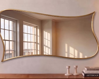 Asymmetrical Flowing Brass Mirror, Aesthetic Wide Wall Mirror, Modern Mirror for Bathroom or Living Room, Unique Wavy Design