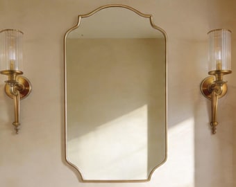 Elegant Entryway Antique Brass Mirror, Scalloped Solid Brass Wall Mirror, Provincial Bathroom Vanity Decor, Vintage Notched Edge Brass Frame