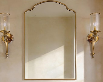 Elegant French Vintage Bathroom Vanity Mirror, Scalloped Solid Brass Wall Mirror, Decorative Brass Frame Entryway Wall Accent Decor