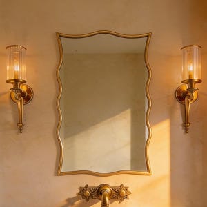 Wavy Rectangular Brass Wall Mirror, Irregular French Vintage Bathroom Vanity Mirror, Elegant Curved Brass Frame Entryway Home Decor Accent
