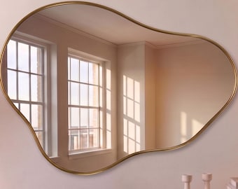 Asymmetrical Solid Brass Mirror, Irregular Organic Pebble Wall Mirror, Nature-Inspired Statement Mirror