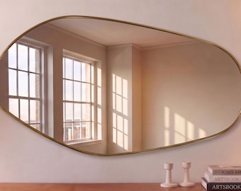 Elongated Pebble Solid Brass Mirror, Irregular oval horizontal Mirror for Distinctive Style Home Decor