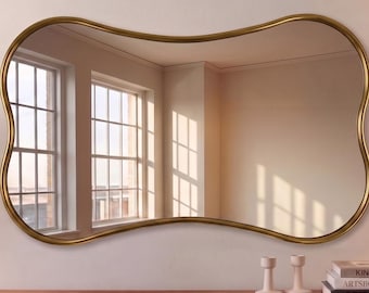 Wavy Butterfly Brass Mirror, Authentic Handmade Curvy Wall Mirror, Modern Statement Vanity Mirror For Bathroom & Living Room