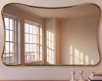 Asymmetrical Solid Brass Mirror, Irregular Organic Pebble Wall Mirror, Nature-Inspired Statement Mirror