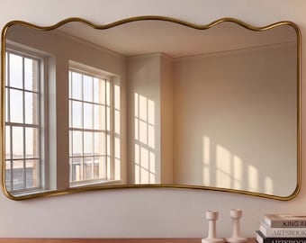 Undulating Top Wide Brass Mirror. Horizontal Mirror for Double Vanity | Modern Mantle Decor | Luxury Living Room Mirror