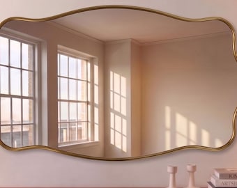Double Vanity Wide Brass Mirror, Unlacquered Brass Mirror for Home Renovation