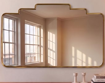 Stepped Top Horizontal Brass Mirror, Over-Dresser Wall Landscape mirror, Aesthetic Design for Interiors