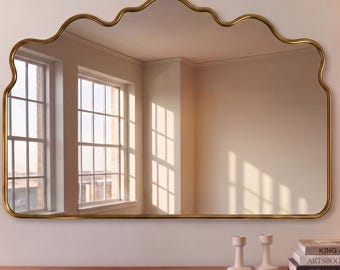 Authentic Scalloped Top Brass Mirror, Handmade Elegant Horizontal Wall Mirror, Decorative Fireplace And Overmantel Decor