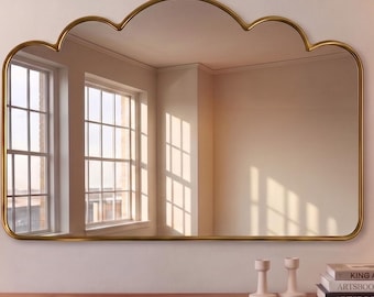 Horizontal Cusped Arh Brass Mirror, Cloud Wall Mirror, Elegant Mirror Decor for Bathrooms & Living Rooms or Entryway