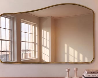 Asymmetrical Wave Wall Brass Mirror, Statement Mirror for Bathroom Vanity, Entryway Console or Fireplace Mantel Decor