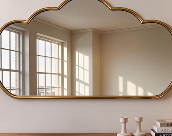 Horizontal Cloud Brass Mirror, Triple Arch Landscape mirror | Chic Fireplace Decor | Statement Mirror for Home Renovation