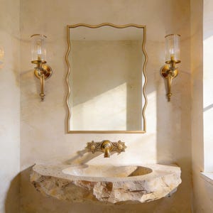 Wavy Edge Brass Mirror, Scalloped Sides Bathroom Vanity Mirror, Solid Brass Wall Decor, Rectangular Brass Mirror, Entryway Modern Accent