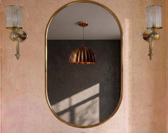Minimalist Capsule Bathroom Vanity Mirror, Modern Oval Authentic Brass Wall Feature, Elegant Pill Shaped Entryway Home Decor