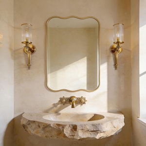 Wavy Top and Bottom Solid Brass Wall Mirror, Scalloped Rectangular Bathroom Vanity Mirror, Elegant Organic Brass Frame, Unique Entry Decor